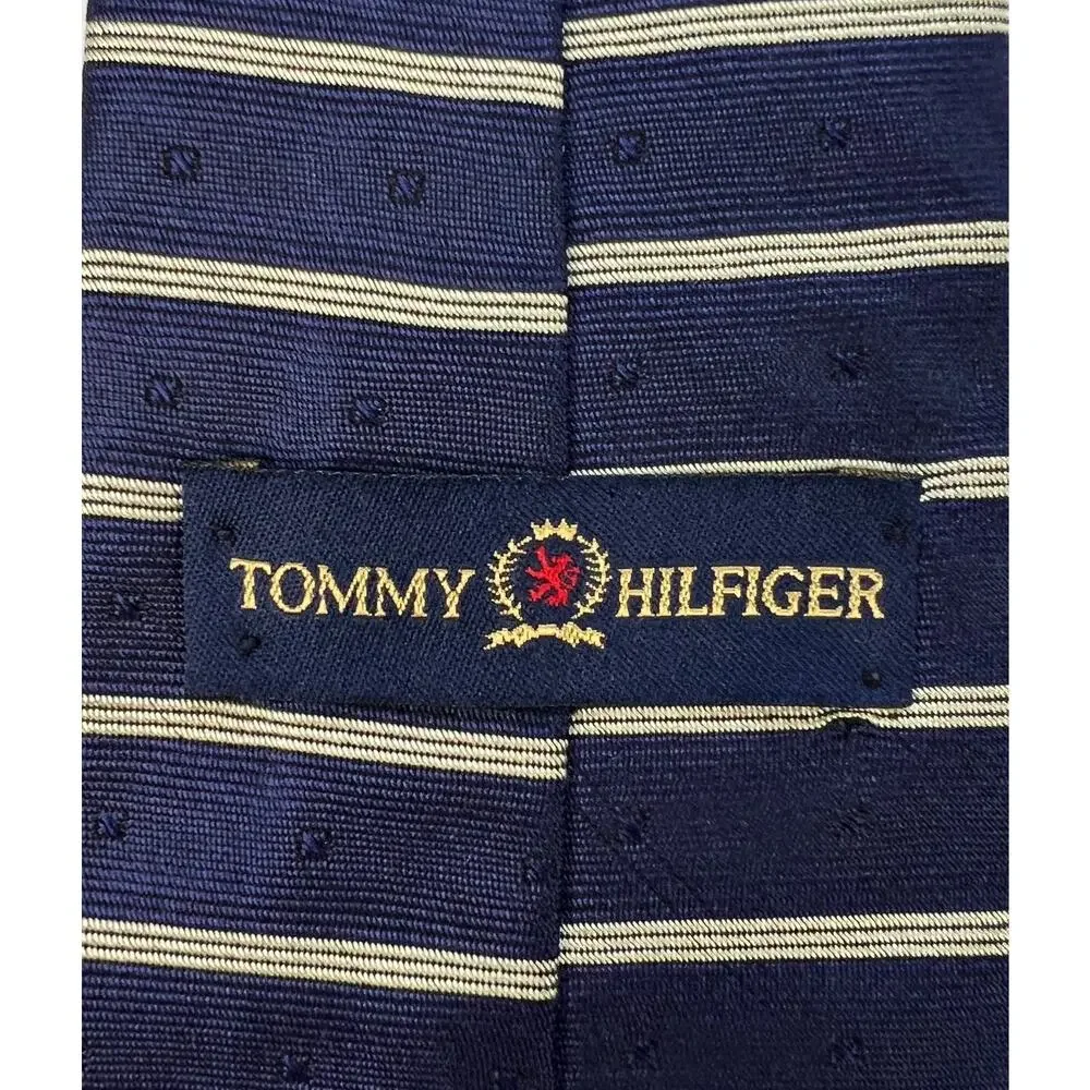 Tommy Hilfiger Mens Silk Tie Navy Gold Stripe Crest USA Classic Designer